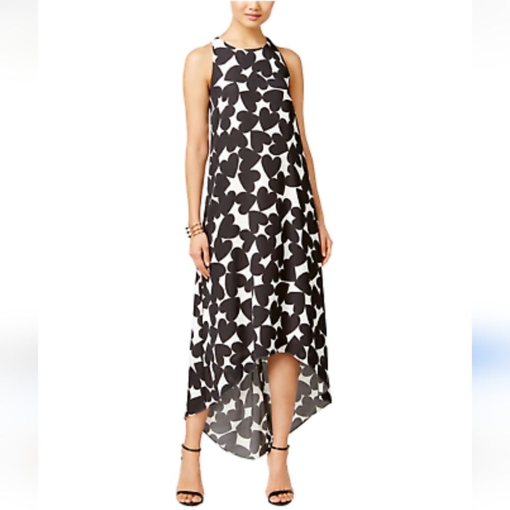 CeCe White And Black Heart Print Midi Dress High And Low Size 6